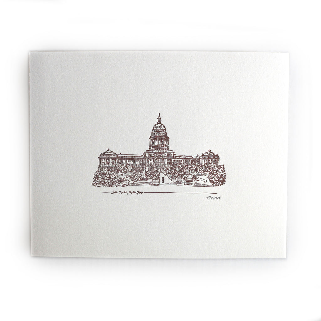 Art print with ivory background and black ink. Image of the Texas State Capitol building.