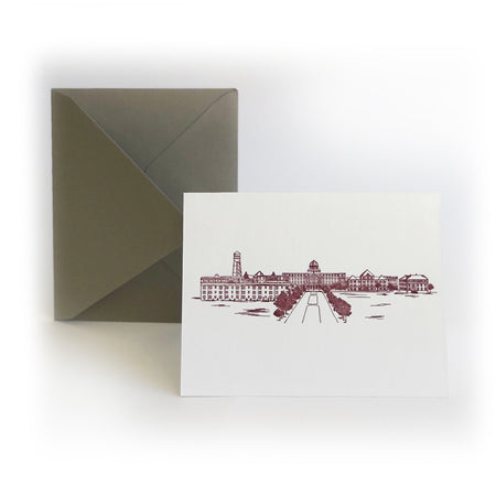 Set of notecards in burgundy ink with images of buildings from Texas A&M University. Matching envelopes are included.