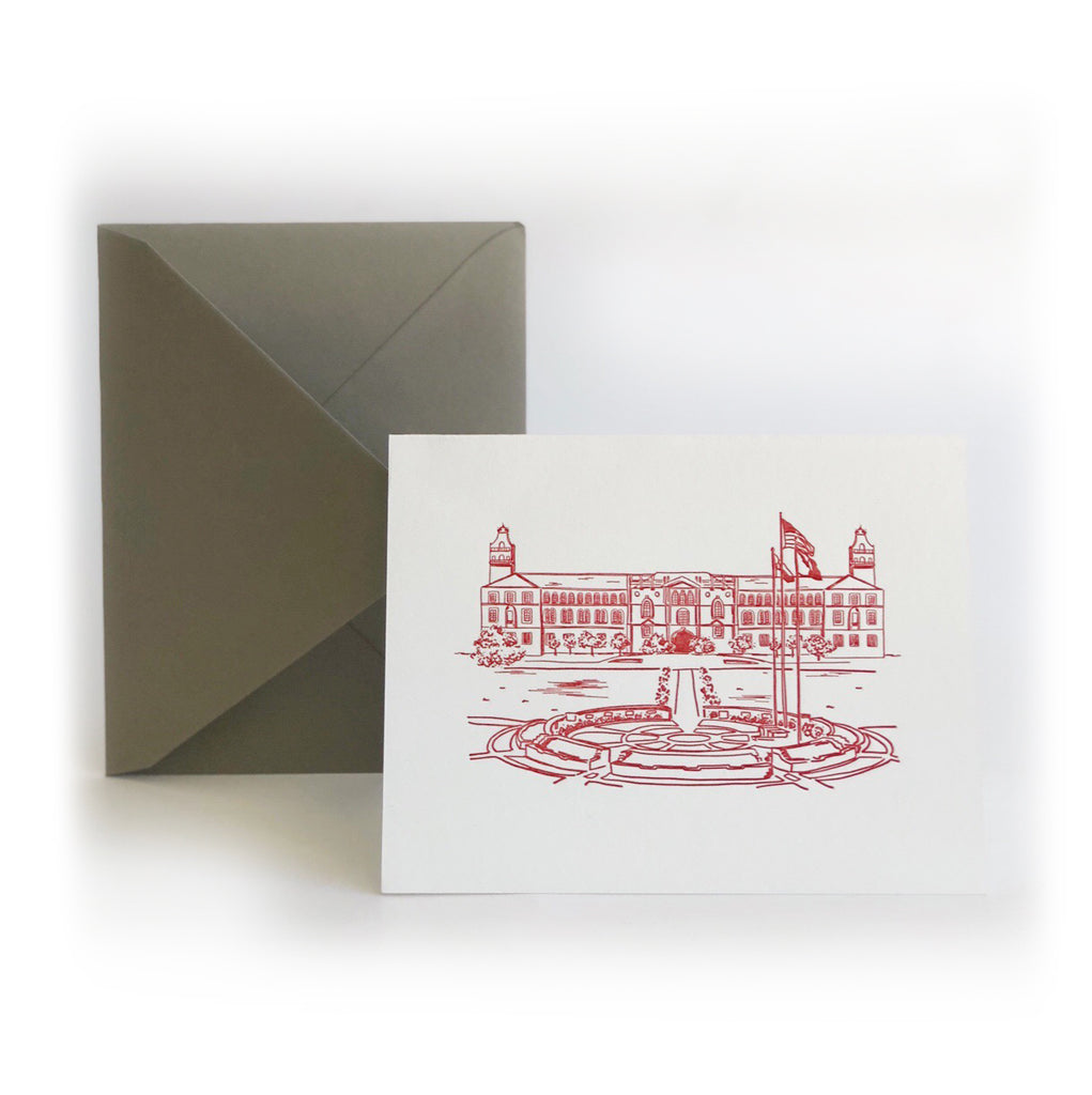 Set of ivory notecards with red ink with images of Texas Tech University. Matching envelopes are included.