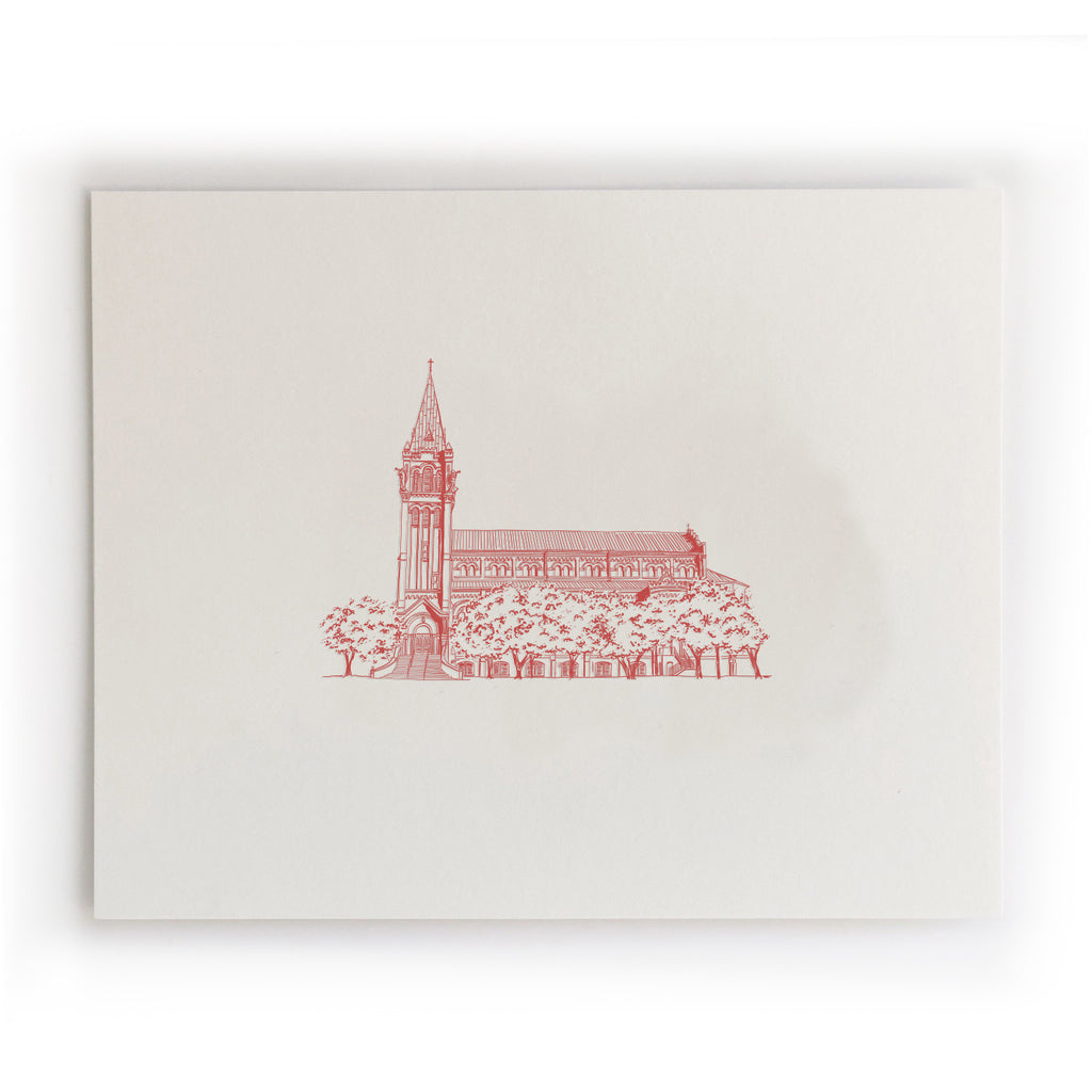 Art print with ivory background and red ink with image of the Mother Chapel at the University of the Incarnate Word.
