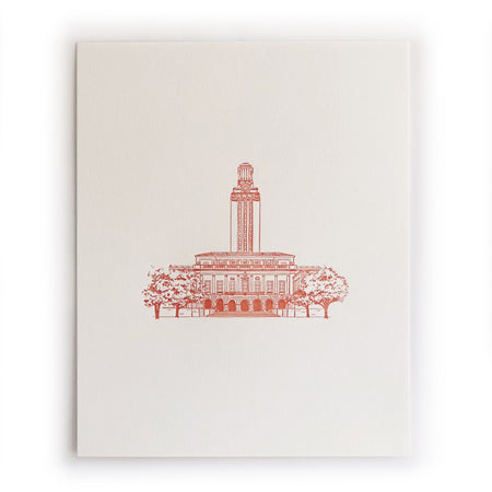 Art print with ivory background and red ink with image of iconic UT Tower building from the University of Texas.