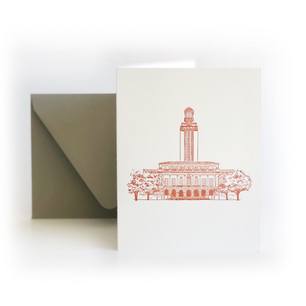 Set of ivory notecards with red ink with image of iconic UT Tower building from the University of Texas. Matching envelopes are included.