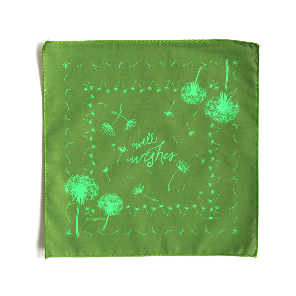 Green square with green text saying, “Well Wishes”. Images of green dandelion flowers.