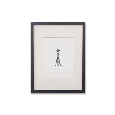 Art print with ivory background and black ink with image of a metal farm windmill.