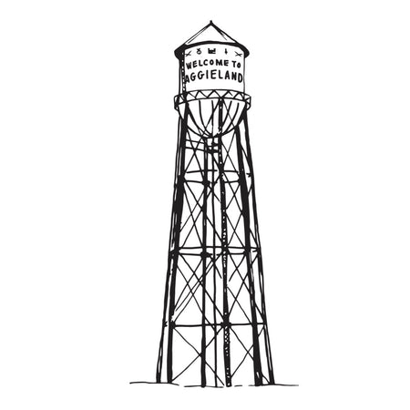 Print with white background and black image of a water tower with “Welcome to Aggieland” across tower.