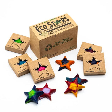 Various multicolored crayons in star shape. Packaged in individual square tan boxes with a star cutout in center.